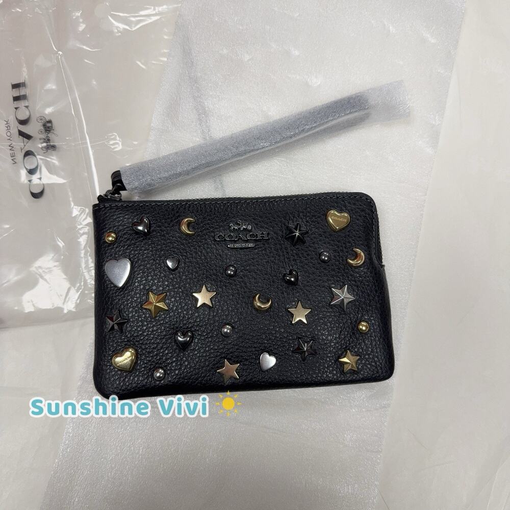 NWT Coach Corner Zip Wristlet Rivets Gunmetal/Black Multi Pebble Leather CCJ75 - Picture 2 of 8